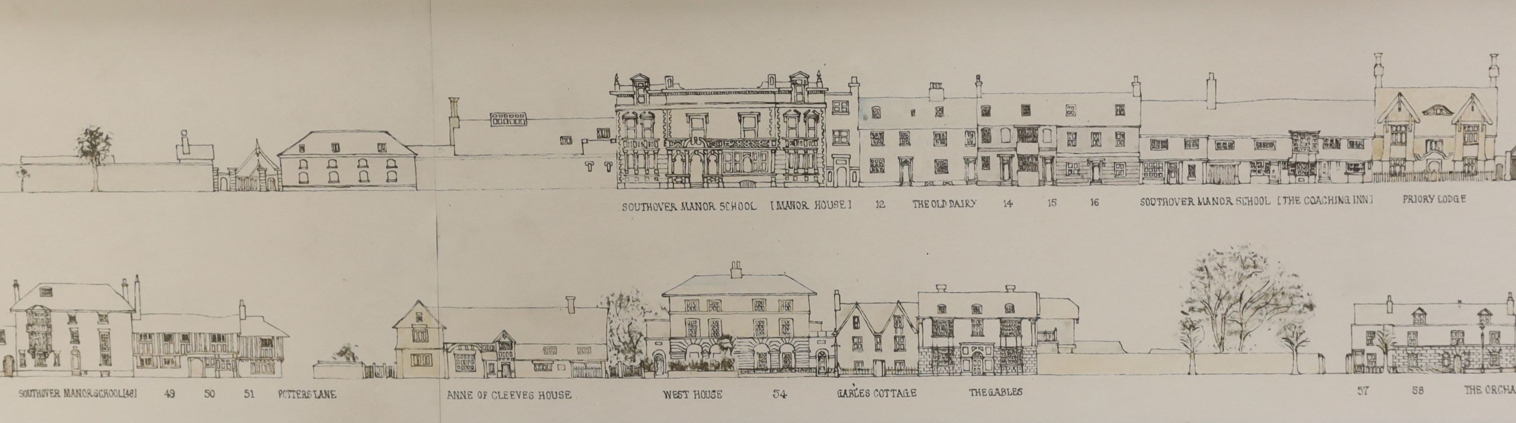 Gough, pen and ink, Priory Crescent and Southover High Street, Lewes, signed and dated 1964, 17 x 184cm